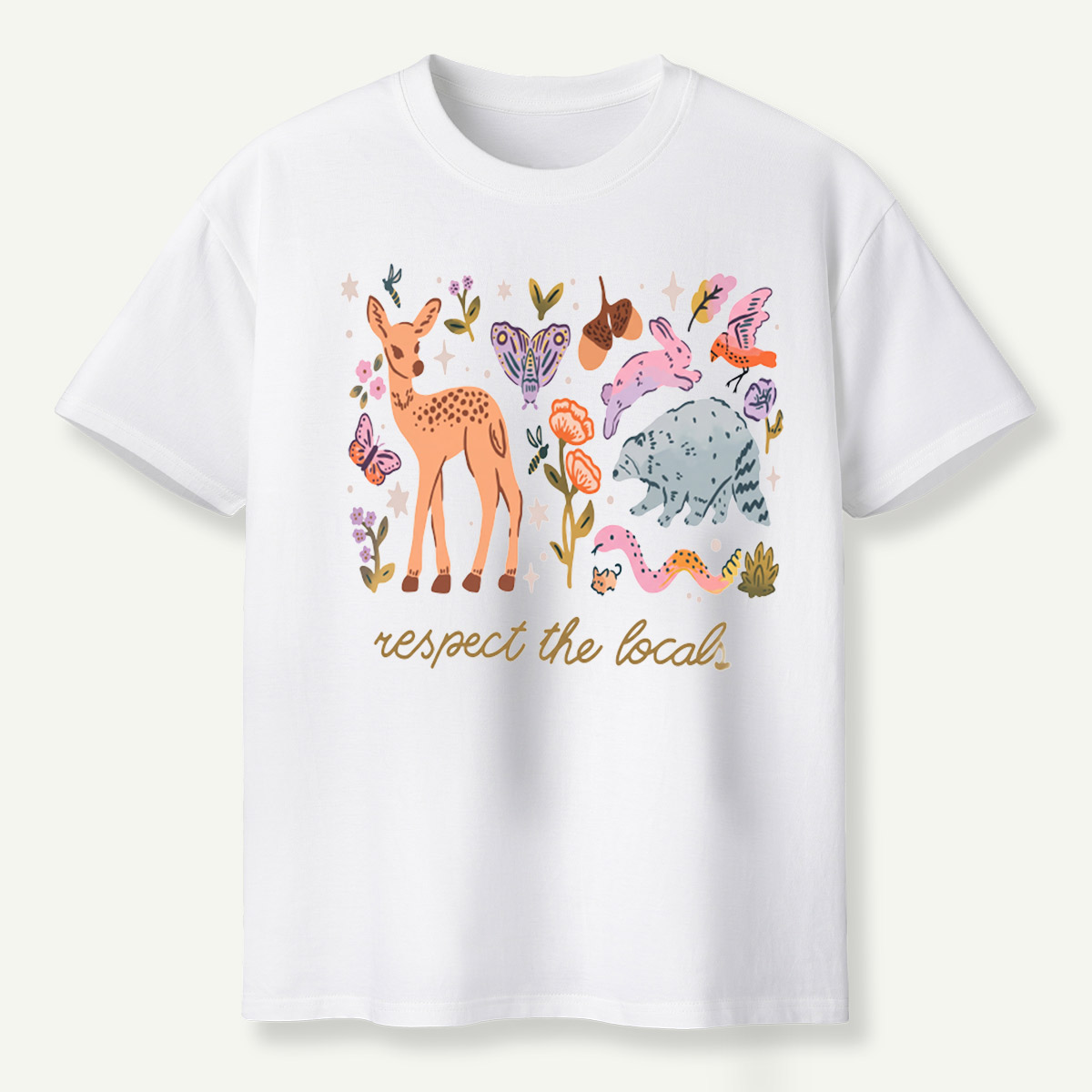 espect The Locals Woodland Wildlife Deer Rabbit Raccoon And Butterfly T-Shirt