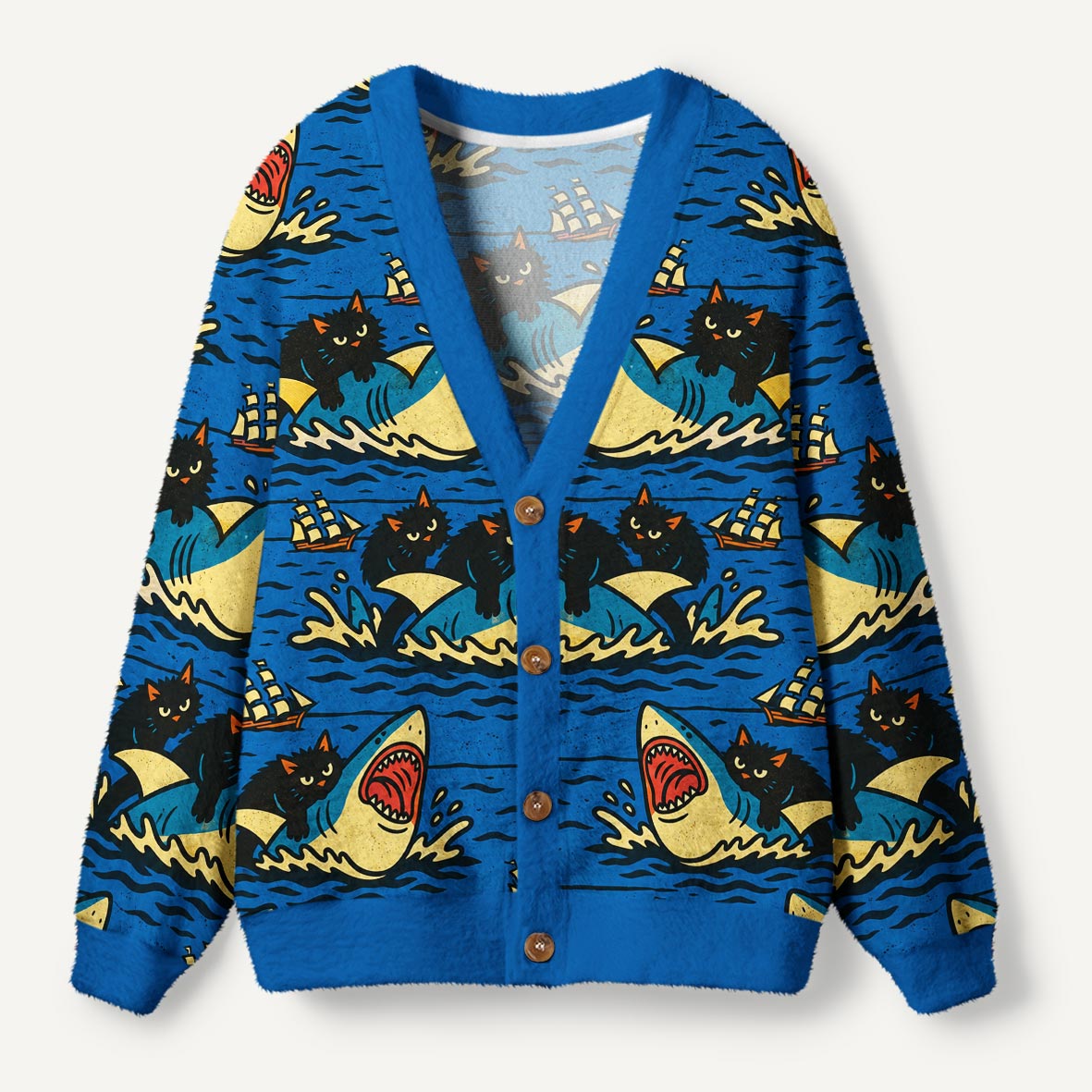 Funny Black Cat Riding A Shark Ocean Adventure Ugly Cardigan Sweaters