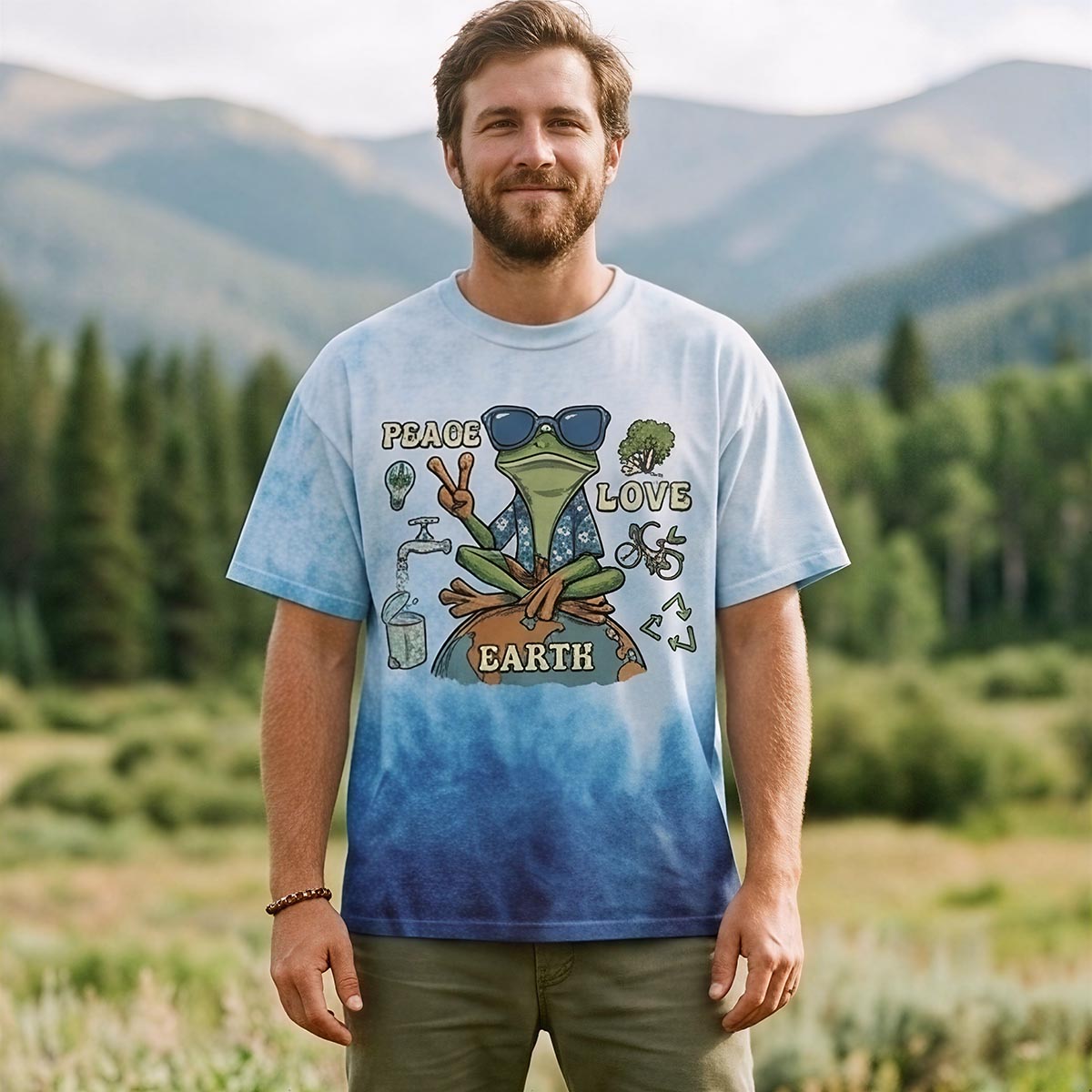 Peace Love Earth Frog Eco All-Over Print T-Shirt