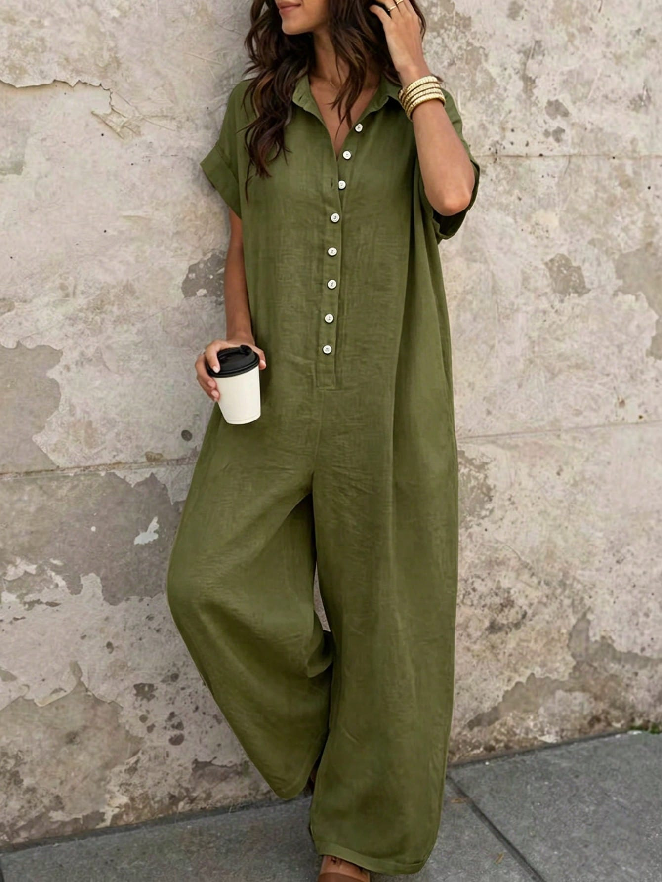 Women's Casual Loose Short Sleeve Button Jumpsuit