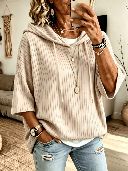 Cozy Ribbed Knit Drop Shoulder Hoodie Solid Color Casual Pullover Sweatshirt