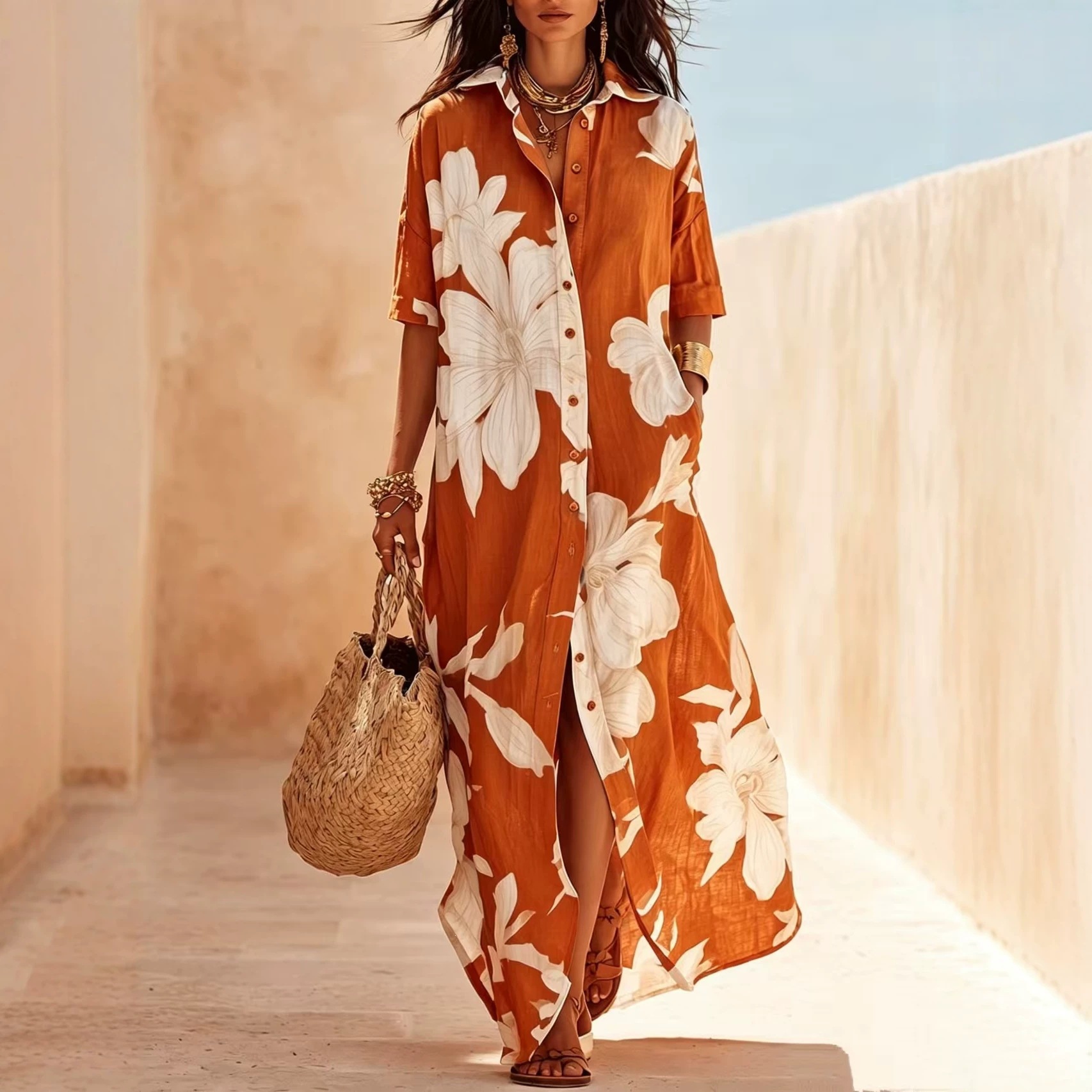 Brown White Floral Print Vacation Maxi Shirt Dress