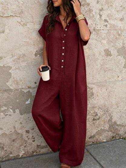 Women's Casual Loose Short Sleeve Button Jumpsuit