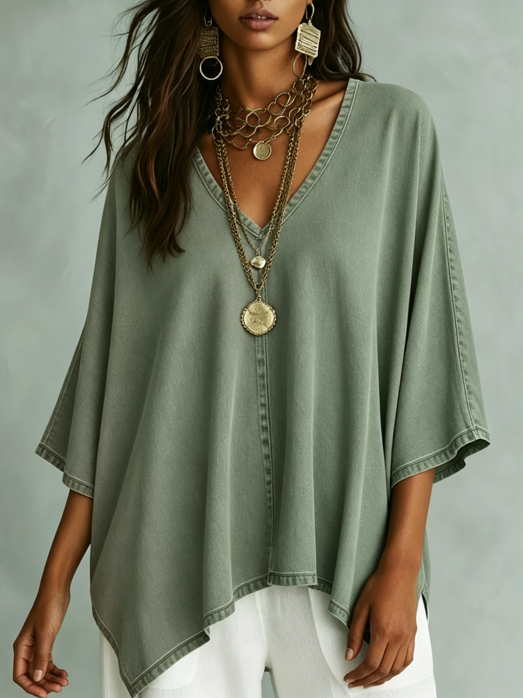 Women’s Relaxed V-Neck Chambray Blouse – Loose Fit & Plus-Size Friendly
