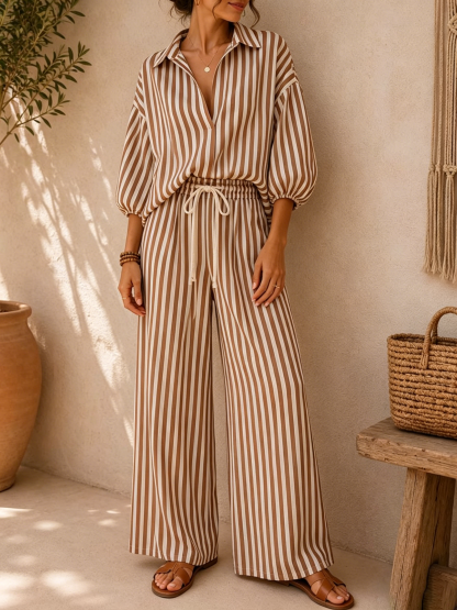 Women's Striped Print Cotton-linen Set: Loose-fit Top With Lapel & 3/4 Sleeves, And High-waisted Wide-leg Pants