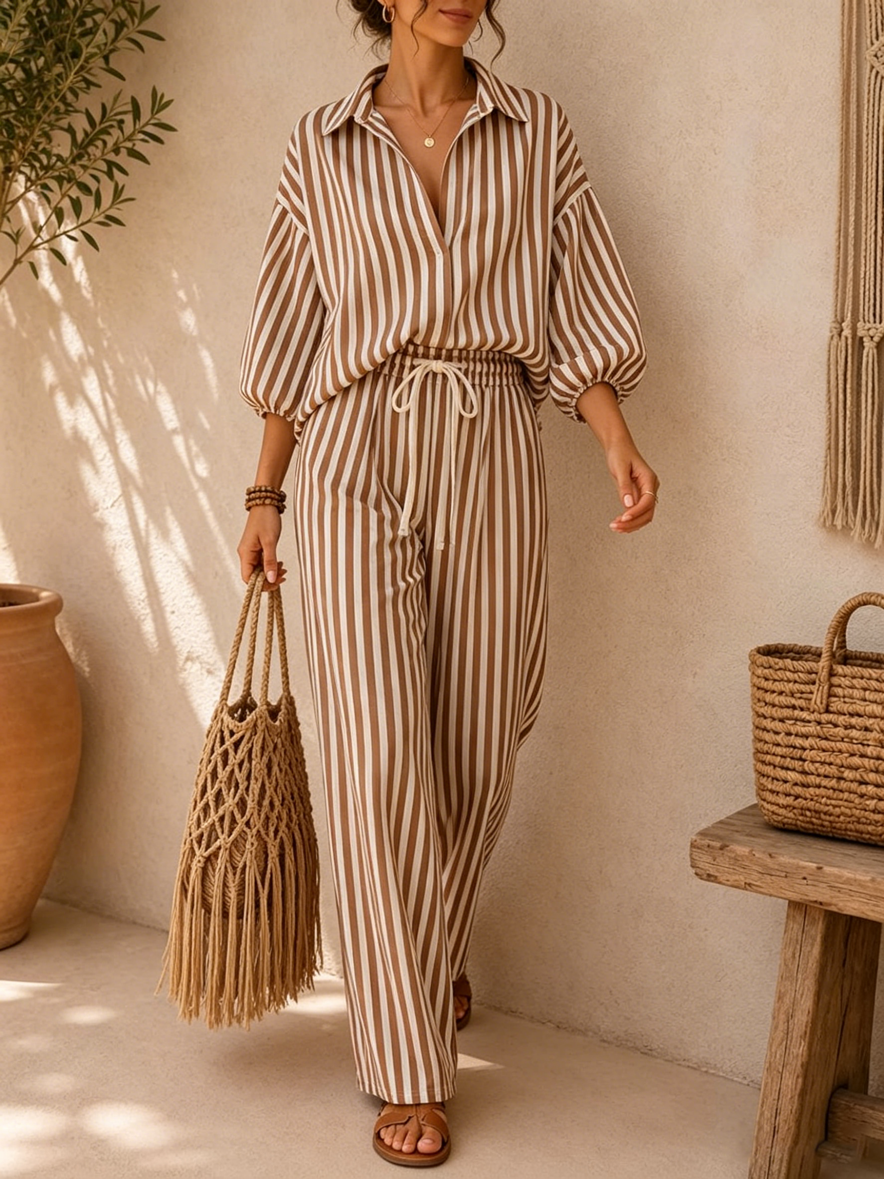 Women's Striped Print Cotton-linen Set: Loose-fit Top With Lapel & 3/4 Sleeves, And High-waisted Wide-leg Pants
