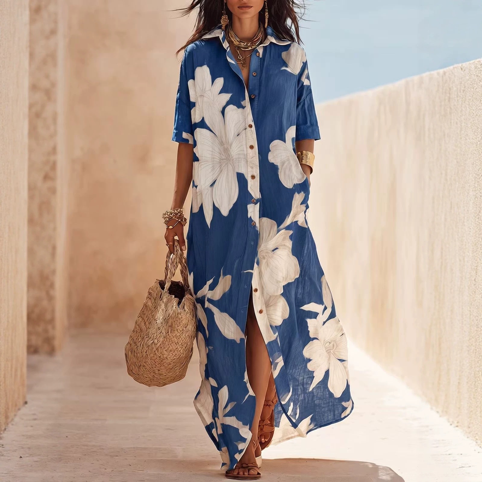 Brown White Floral Print Vacation Maxi Shirt Dress