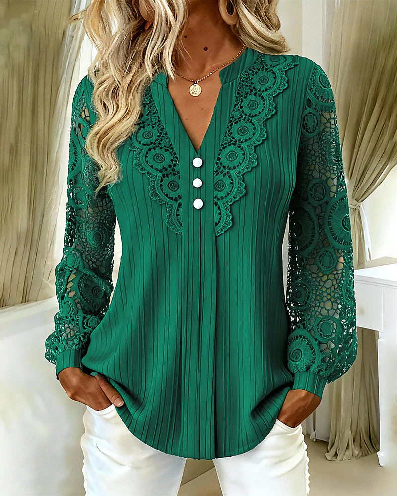 Women's Lace Patchwork V-Neck Long Sleeve Top