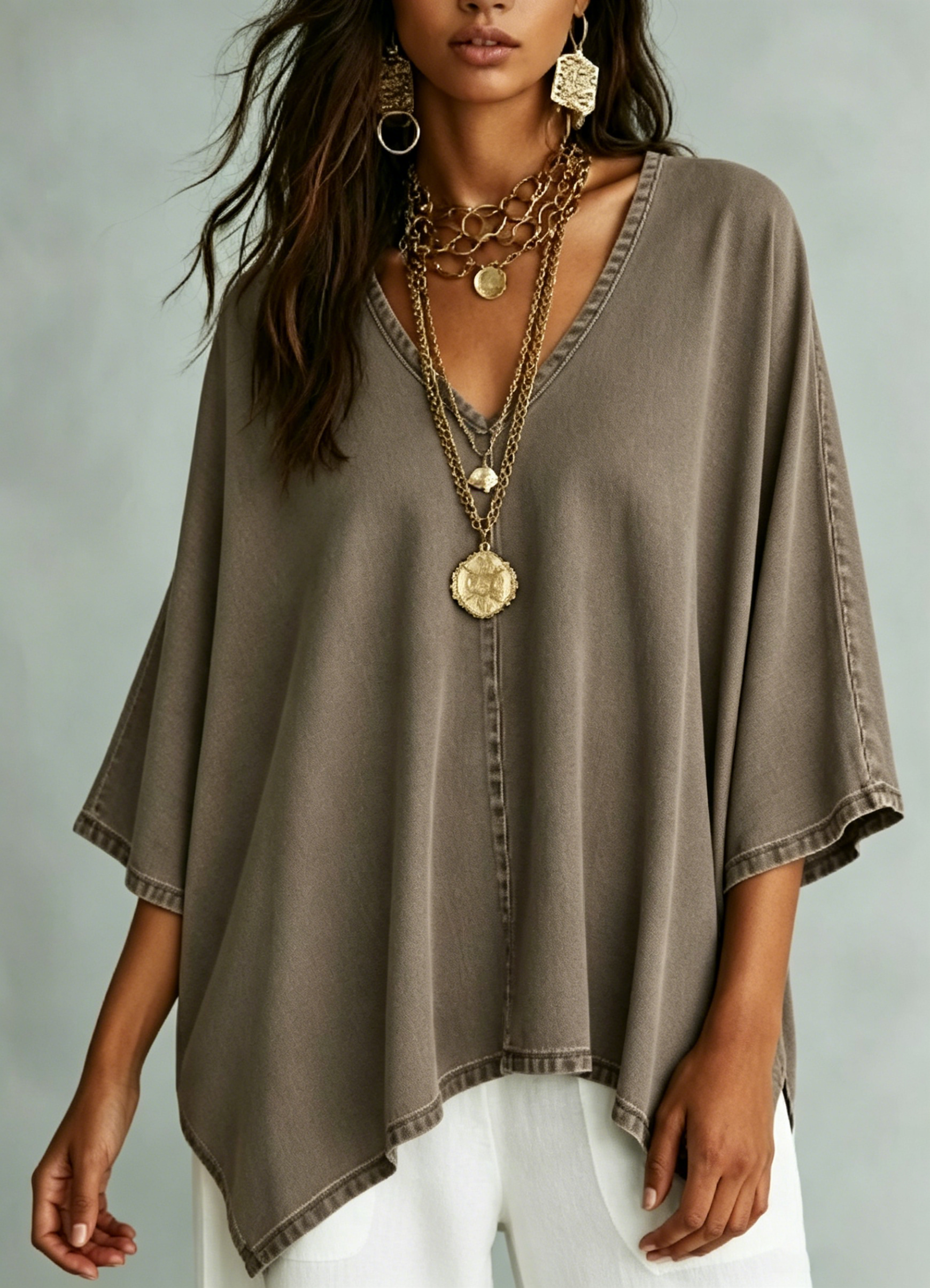 Women’s Relaxed V-Neck Chambray Blouse – Loose Fit & Plus-Size Friendly