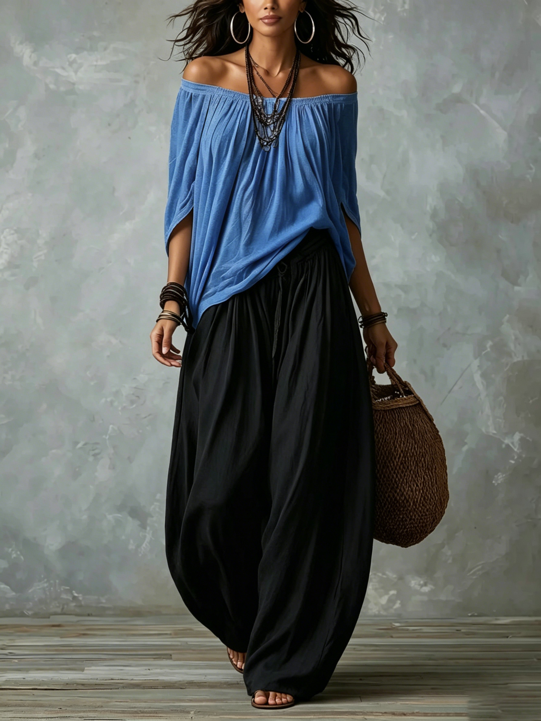 White Off-the-shoulder Top And Loose-fitting Lantern Pants Set