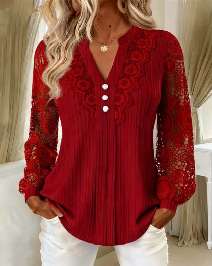 Women's Lace Patchwork V-Neck Long Sleeve Top