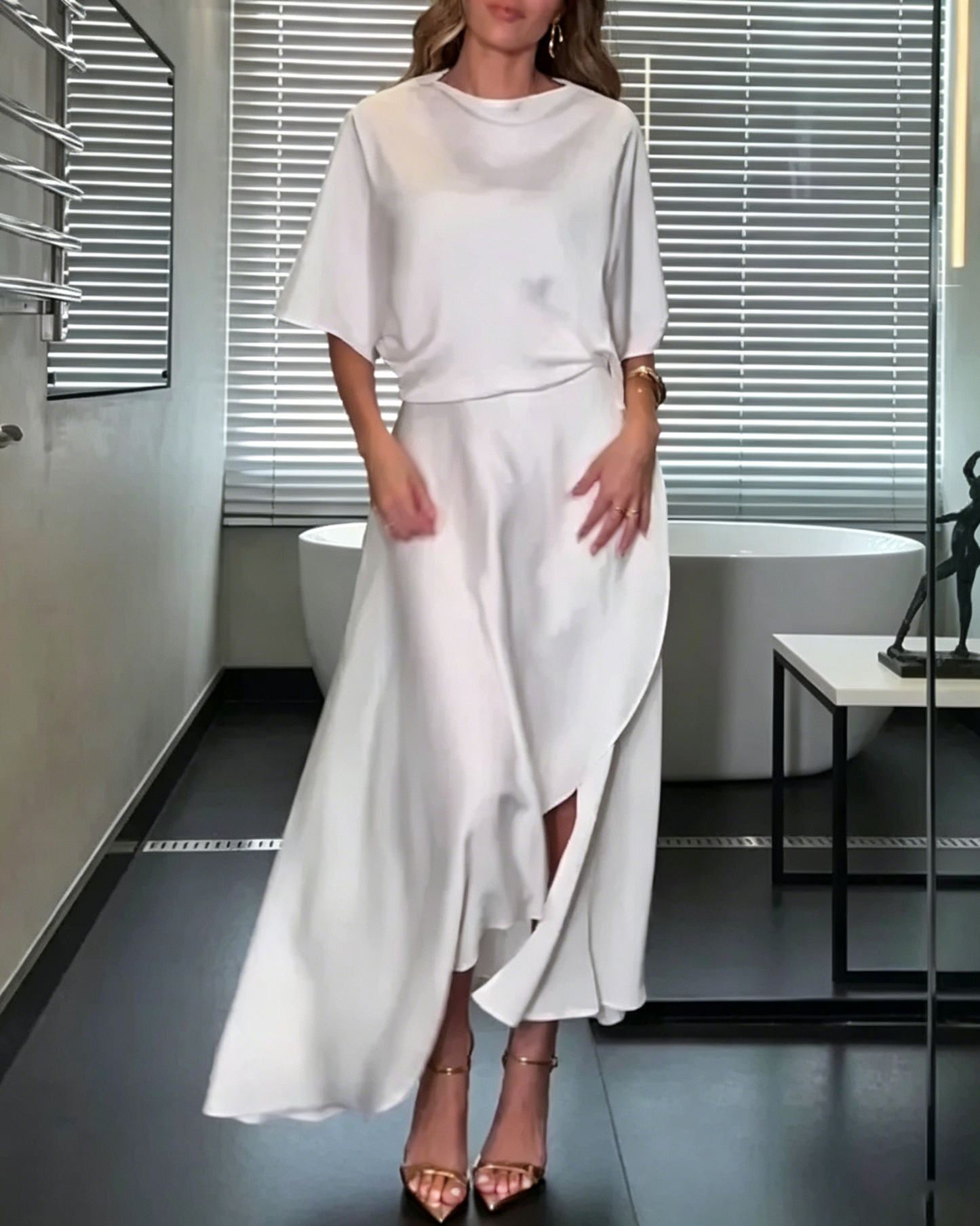 Modern and Elegant Satin Half Wide Sleeve Wrap Style Pocket Slit Loose Maxi Dress