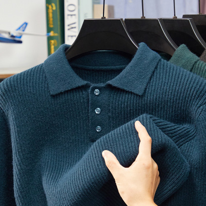 2025 Men's Autumn and Winter Cashmere Ribbed Knit Polo Sweater