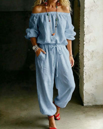 One-shoulder Top And Casual Drawstring Jogger Pants Jumpsuit Set