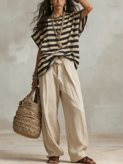 Bohemian-style Striped Cotton And Linen Suit