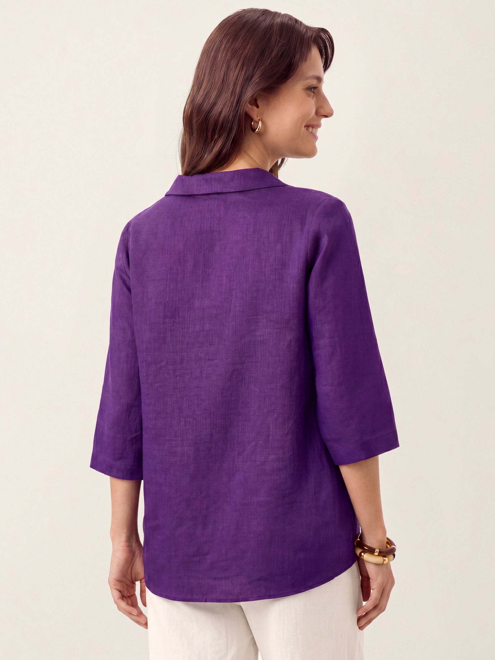 Women's 100% Linen Long-Sleeve Top with Asymmetric Neckline and Inverted Pleat