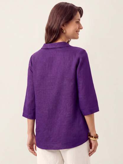 Women's 100% Linen Long-Sleeve Top with Asymmetric Neckline and Inverted Pleat