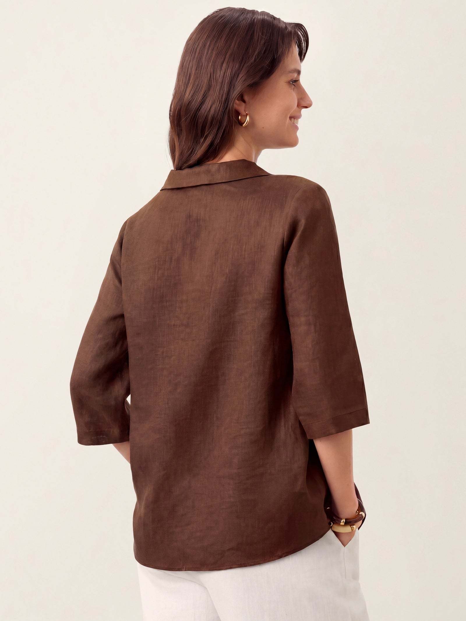 Women's 100% Linen Long-Sleeve Top with Asymmetric Neckline and Inverted Pleat