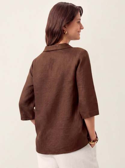 Women's 100% Linen Long-Sleeve Top with Asymmetric Neckline and Inverted Pleat