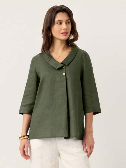 Women's 100% Linen Long-Sleeve Top with Asymmetric Neckline and Inverted Pleat