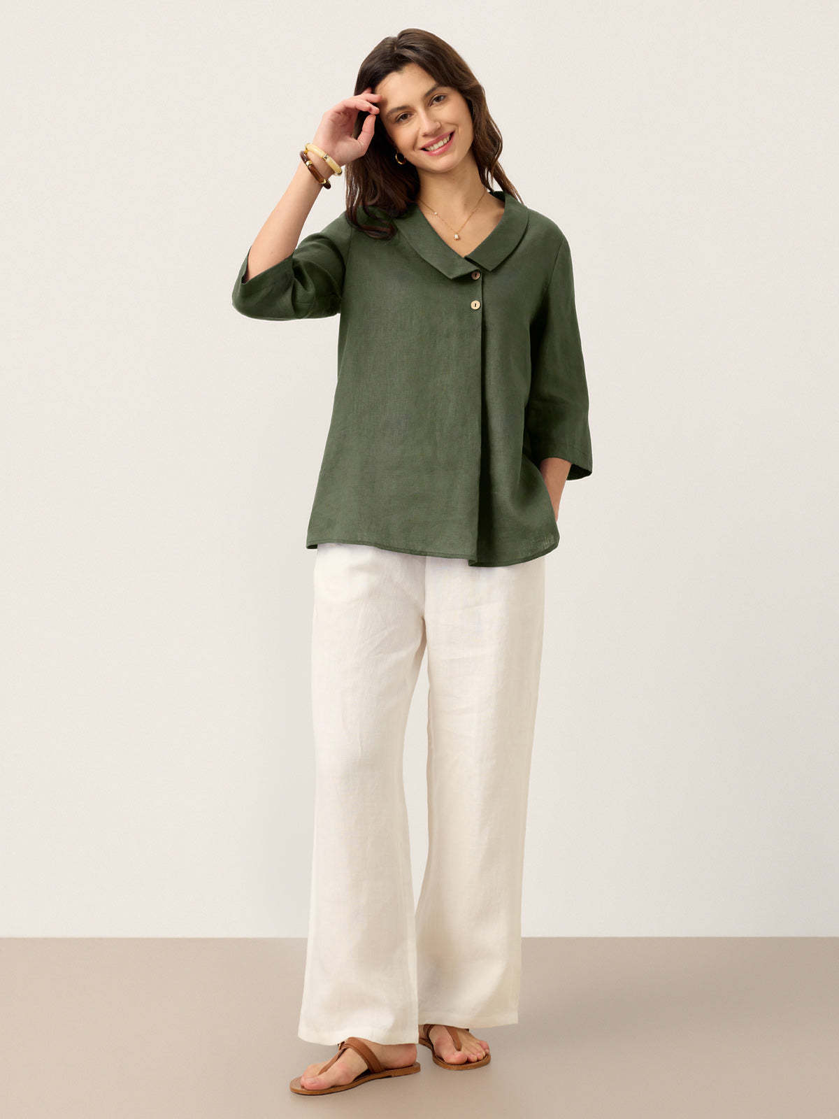 Women's 100% Linen Long-Sleeve Top with Asymmetric Neckline and Inverted Pleat