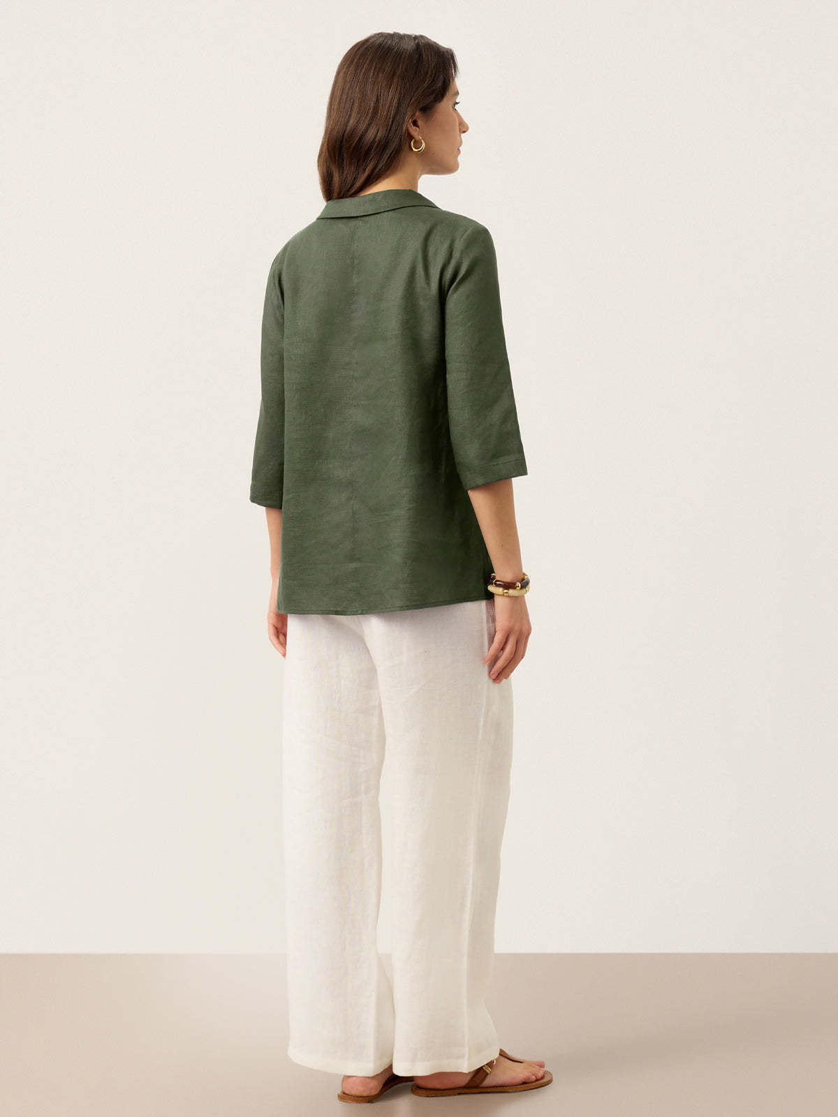 Women's 100% Linen Long-Sleeve Top with Asymmetric Neckline and Inverted Pleat