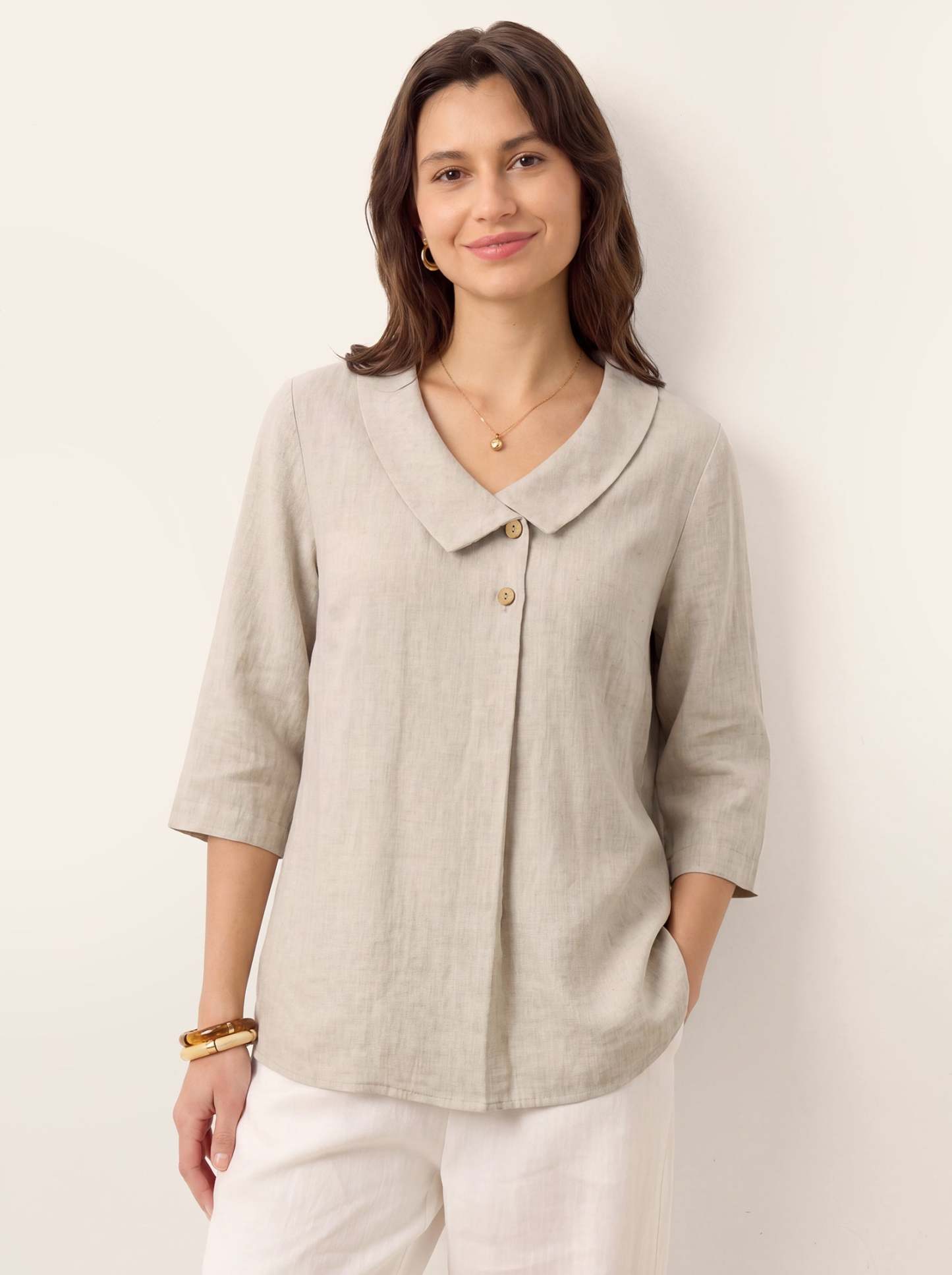 Women's 100% Linen Long-Sleeve Top with Asymmetric Neckline and Inverted Pleat