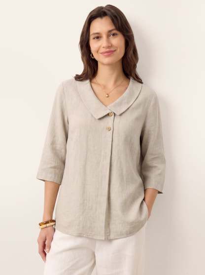 Women's 100% Linen Long-Sleeve Top with Asymmetric Neckline and Inverted Pleat