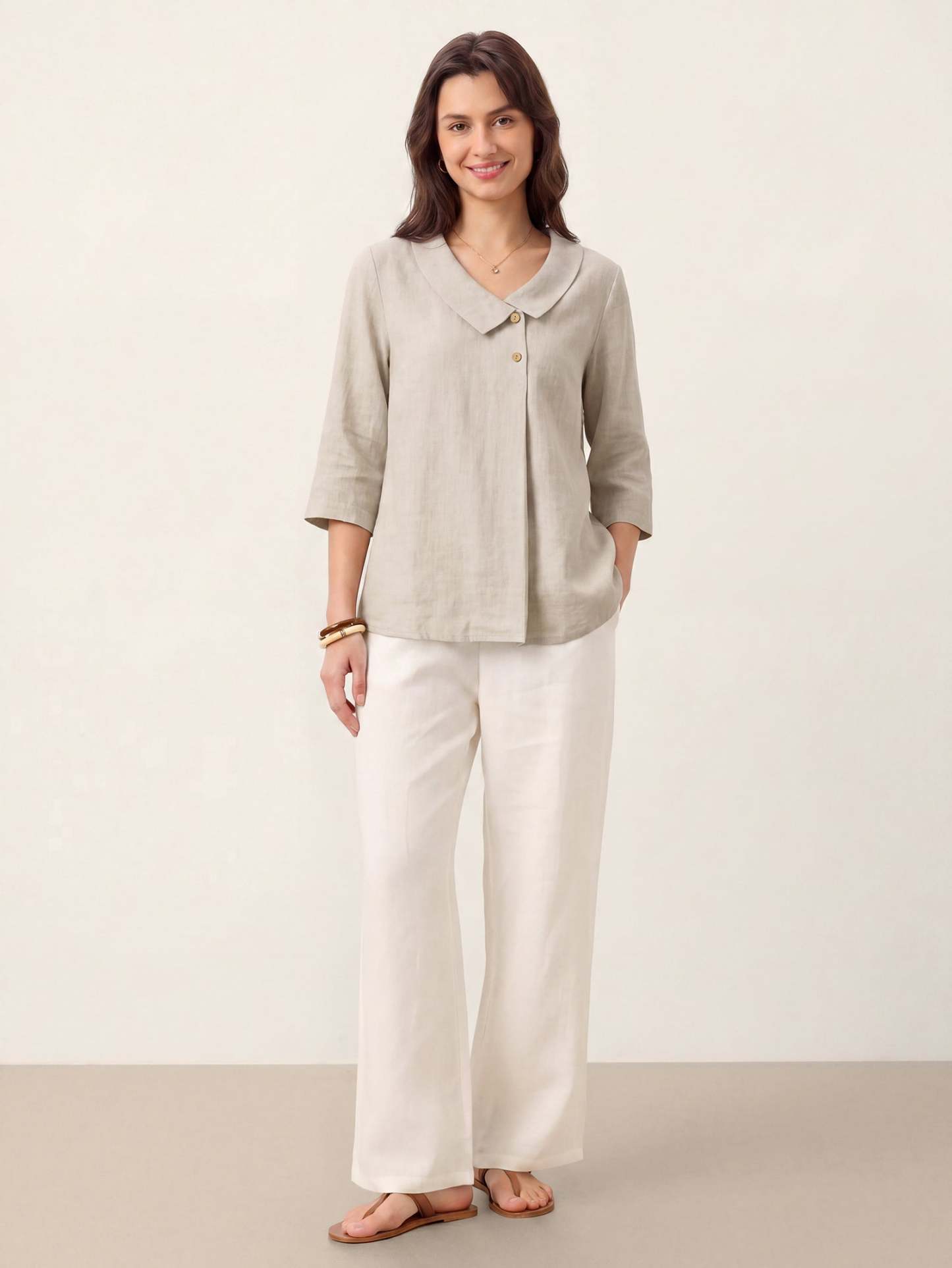 Women's 100% Linen Long-Sleeve Top with Asymmetric Neckline and Inverted Pleat