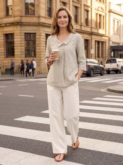 Women's 100% Linen Long-Sleeve Top with Asymmetric Neckline and Inverted Pleat