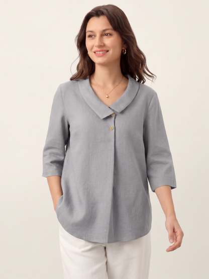 Women's 100% Linen Long-Sleeve Top with Asymmetric Neckline and Inverted Pleat
