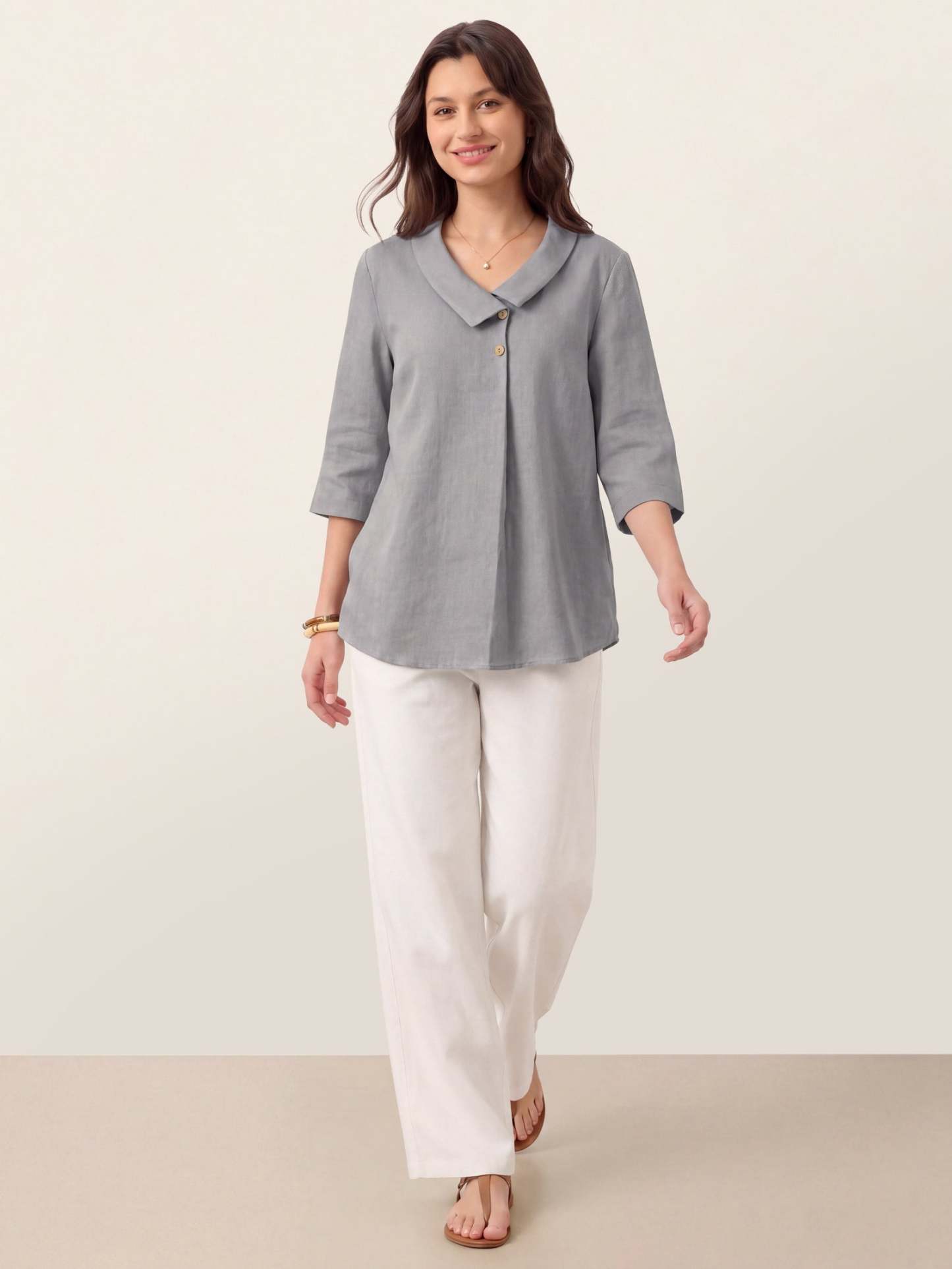 Women's 100% Linen Long-Sleeve Top with Asymmetric Neckline and Inverted Pleat