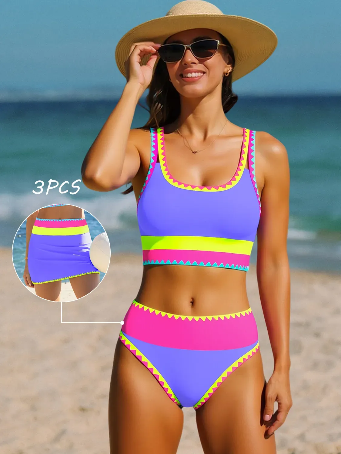 3-Piece Colorblock Bikini Set with Skirt Swimsuit