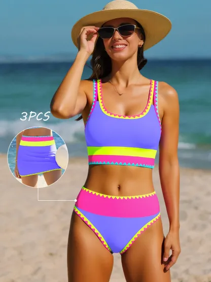 3-Piece Colorblock Bikini Set with Skirt Swimsuit