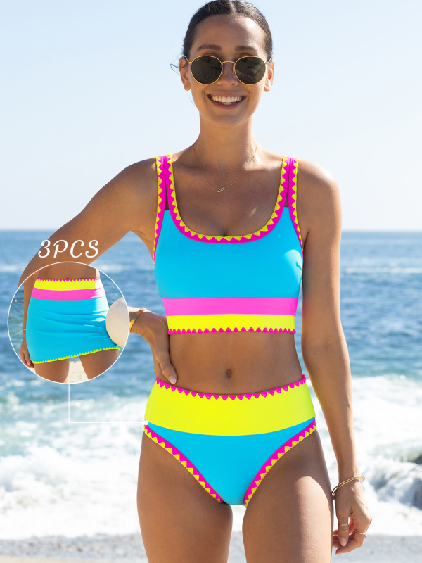 3-Piece Colorblock Bikini Set with Skirt Swimsuit
