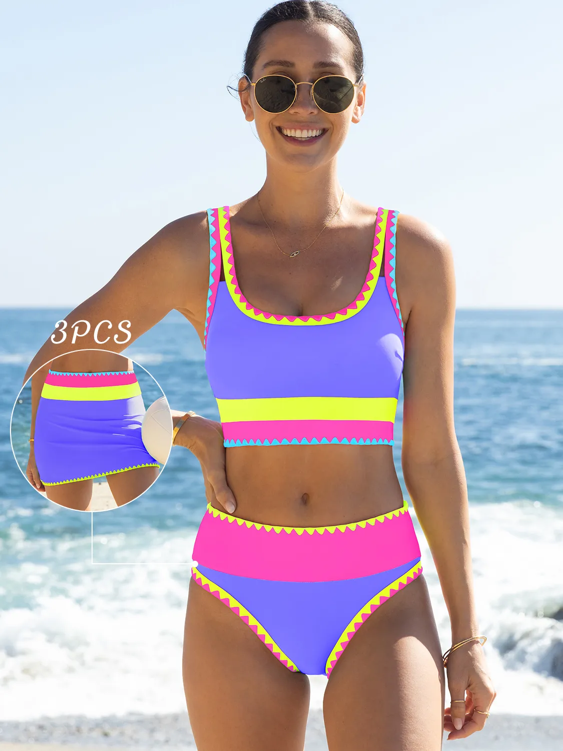 3-Piece Colorblock Bikini Set with Skirt Swimsuit