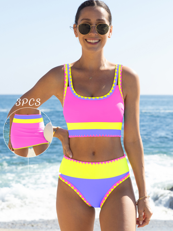 3-Piece Colorblock Bikini Set with Skirt Swimsuit