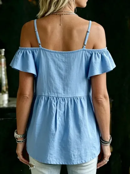 Women's Solid Color Cotton-linen Off-shoulder Short-sleeve V-neck Shirt