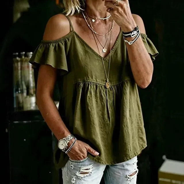 Women's Solid Color Cotton-linen Off-shoulder Short-sleeve V-neck Shirt