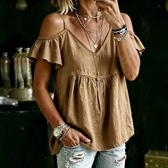 Women's Solid Color Cotton-linen Off-shoulder Short-sleeve V-neck Shirt