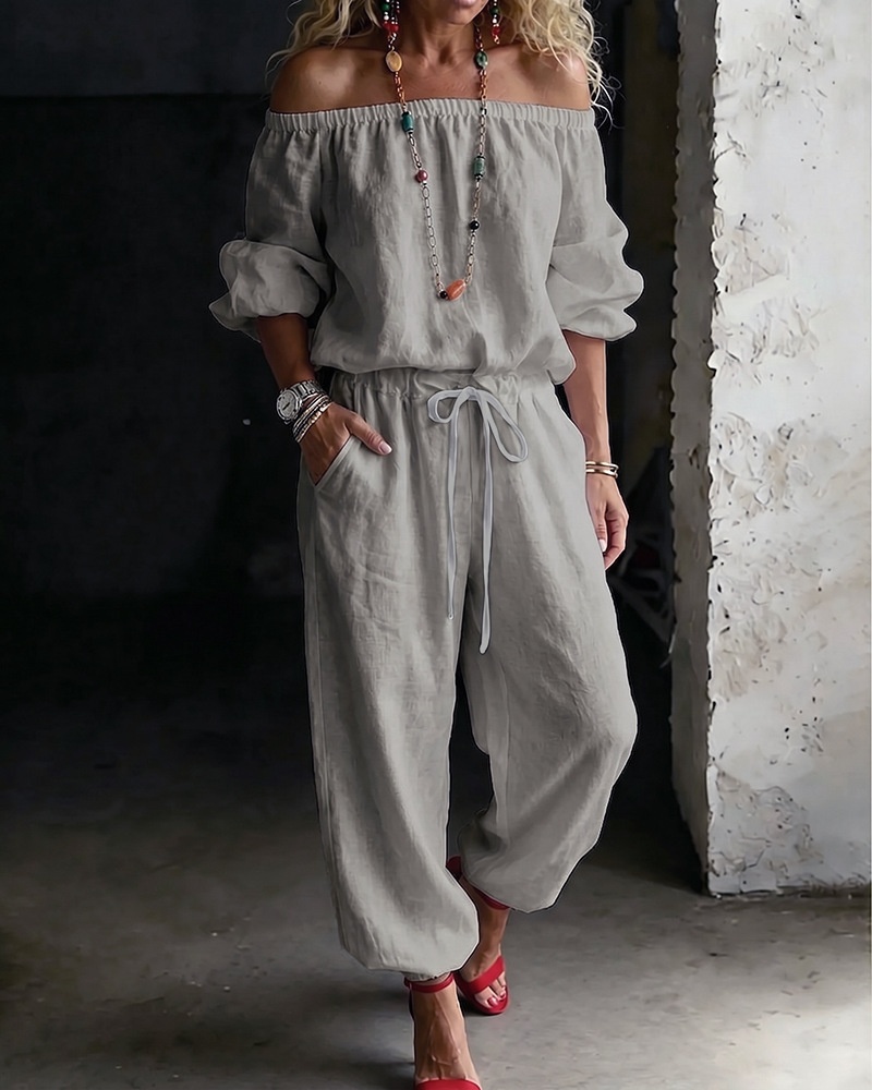 One-shoulder Top And Casual Drawstring Jogger Pants Jumpsuit Set