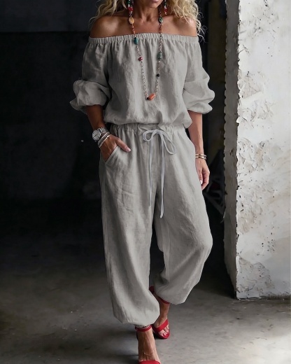 One-shoulder Top And Casual Drawstring Jogger Pants Jumpsuit Set