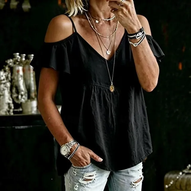 Women's Solid Color Cotton-linen Off-shoulder Short-sleeve V-neck Shirt