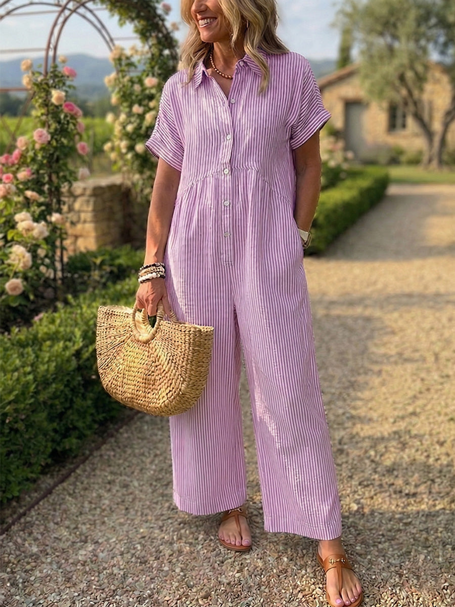 New Arrivals🔥 Striped Lapel Button Down Shirt Jumpsuit