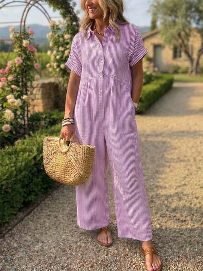 New Arrivals🔥 Striped Lapel Button Down Shirt Jumpsuit