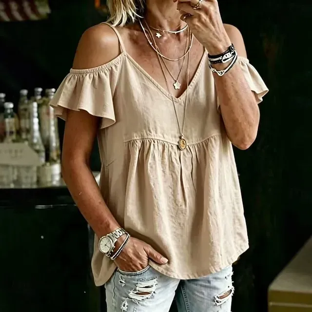 Women's Solid Color Cotton-linen Off-shoulder Short-sleeve V-neck Shirt