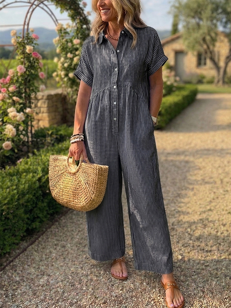 New Arrivals🔥 Striped Lapel Button Down Shirt Jumpsuit