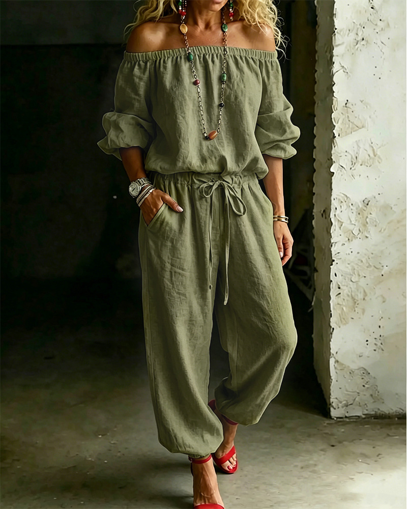 One-shoulder Top And Casual Drawstring Jogger Pants Jumpsuit Set