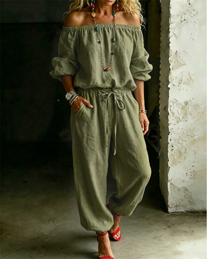 One-shoulder Top And Casual Drawstring Jogger Pants Jumpsuit Set