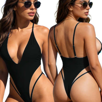 Deep V-neck mesh-paneled one-piece swimsuit